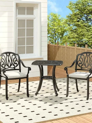 Outdoor Bistro Table and Chair Furniture Set , Square Cast Aluminum Outdoor Bistro Table, Chairs with Cushions