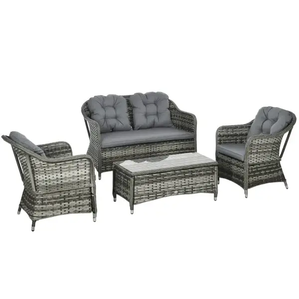 Outsunny 4 Pieces Outdoor Rattan Garden Furniture with Cushions & Glass-Top Table