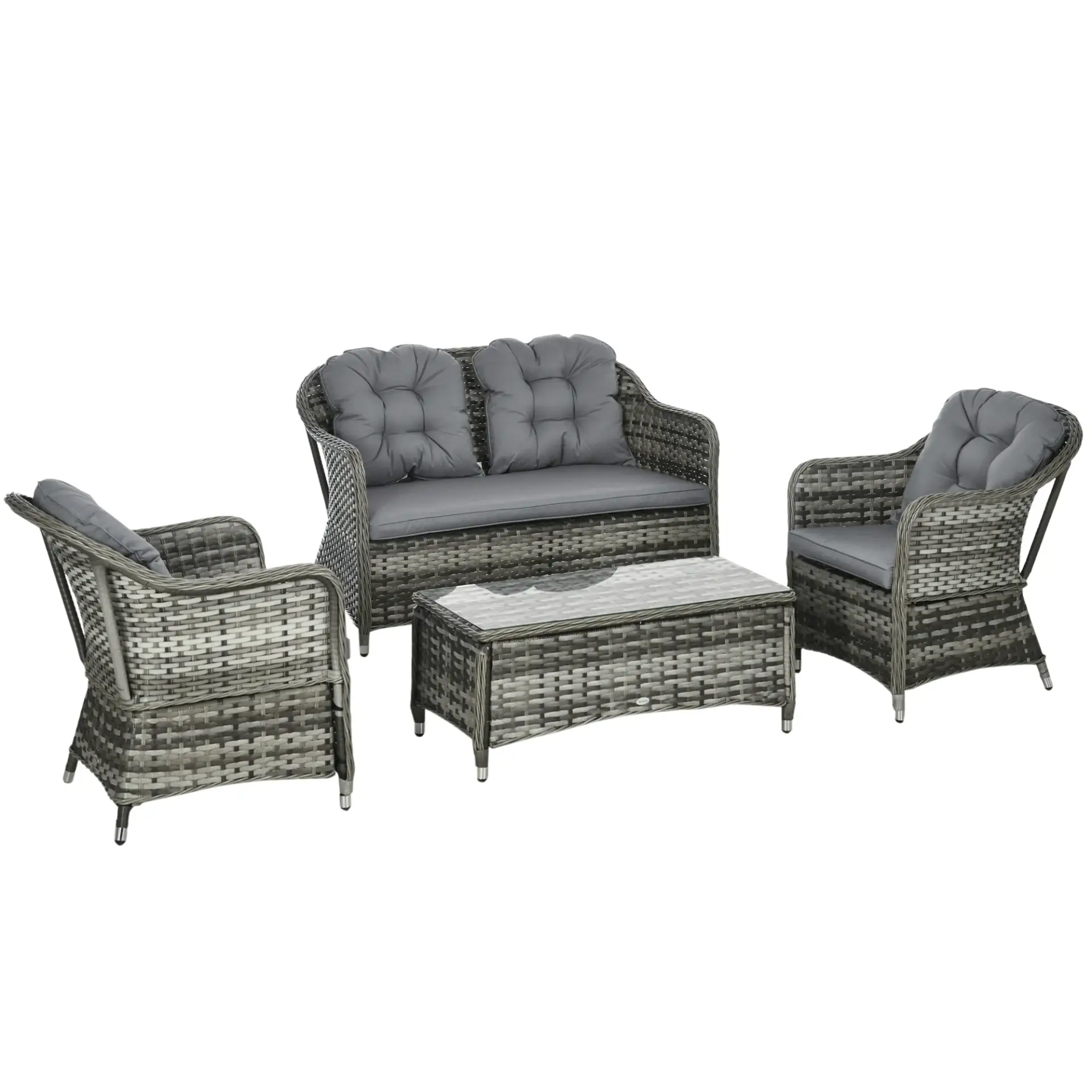 Outsunny 4 Pieces Outdoor Rattan Garden Furniture with Cushions & Glass-Top Table