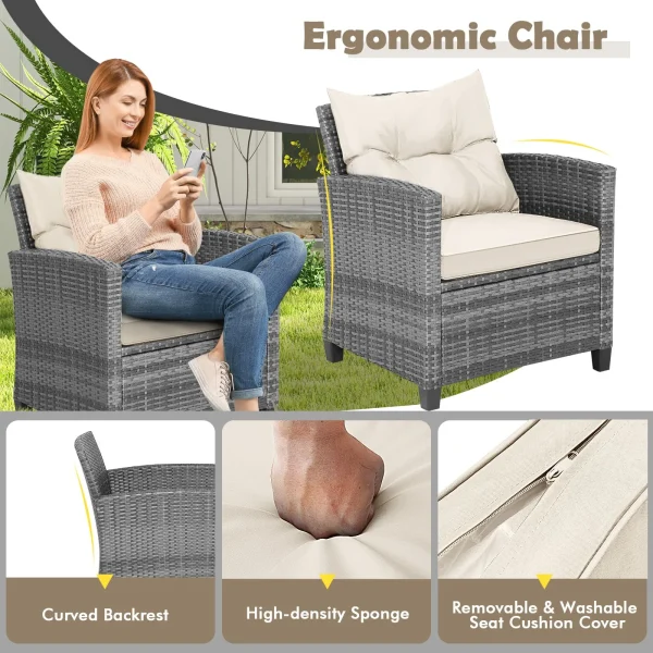 3 Piece Patio Rattan Sofa Sets - Outdoor Wicker Conversation Set-White