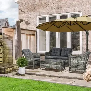 Outsunny 4 Pieces Outdoor Rattan Garden Furniture with Cushions & Glass-Top Table
