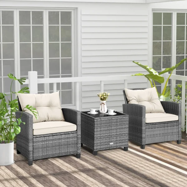 3 Piece Patio Rattan Sofa Sets - Outdoor Wicker Conversation Set-White