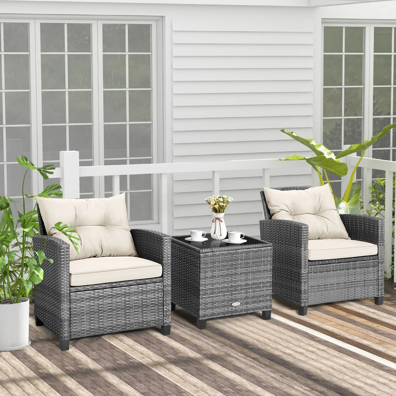 3 Piece Patio Rattan Sofa Sets - Outdoor Wicker Conversation Set-White