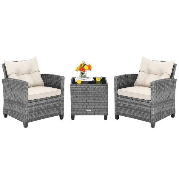 3 Piece Patio Rattan Sofa Sets - Outdoor Wicker Conversation Set-White