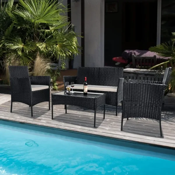 Rattan Garden Furniture Set, 4 piece Rattan furniture sofa Weaving Wicker includes 2 Armchairs,1 Double seat Sofa and 1 table