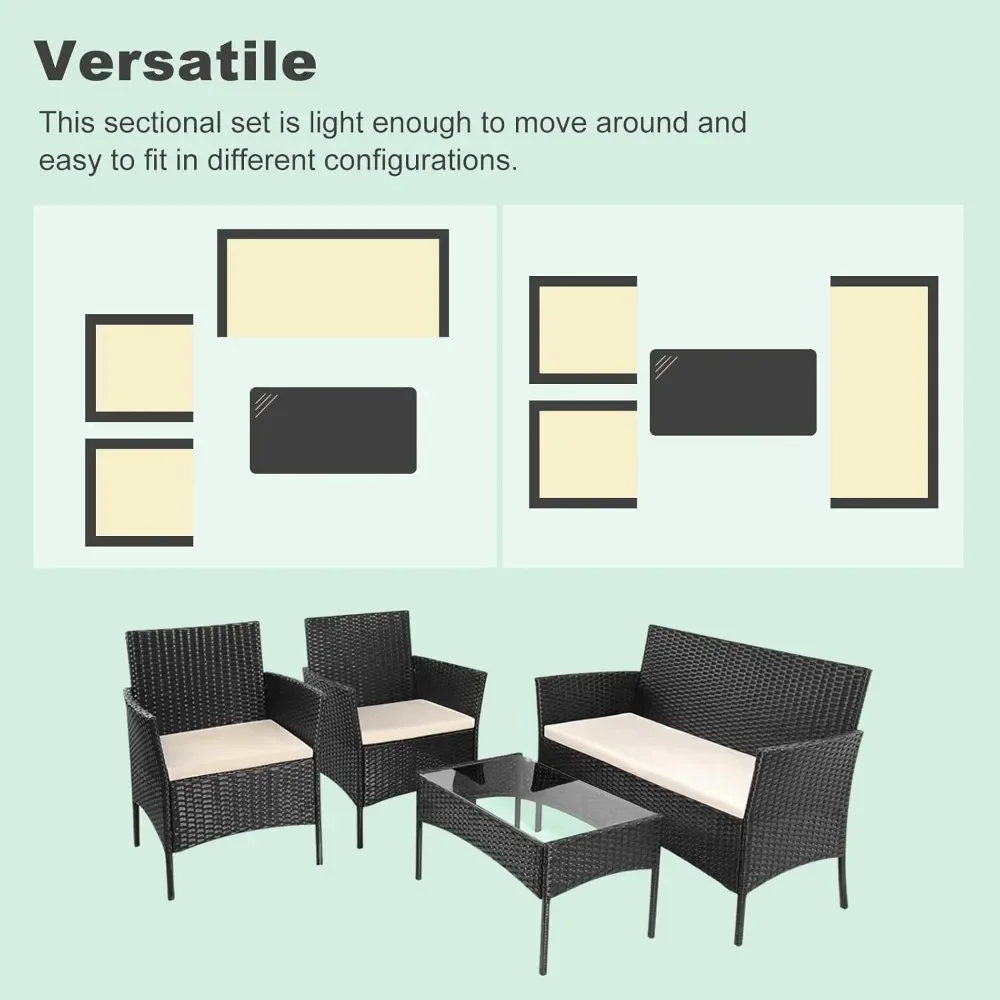 Rattan Garden Furniture Set, 4 piece Rattan furniture sofa Weaving Wicker includes 2 Armchairs,1 Double seat Sofa and 1 table