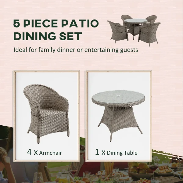 4 Seater Rattan Garden Furniture Set with Cushions, Glass-Top Table, Umbrella Hole