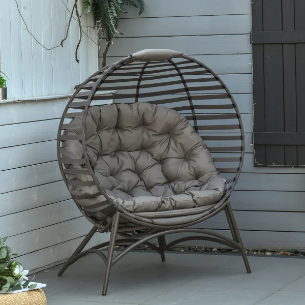 Outsunny Egg Chair with Soft Cushion, Steel Frame and Side Pocket, Garden Basket Chair for Indoor, Outdoor, Brown