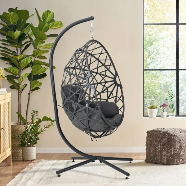 Woven Outdoor Hanging Egg Chair with Stand and Cushion