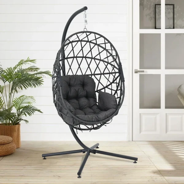 Woven Outdoor Hanging Egg Chair with Stand and Cushion