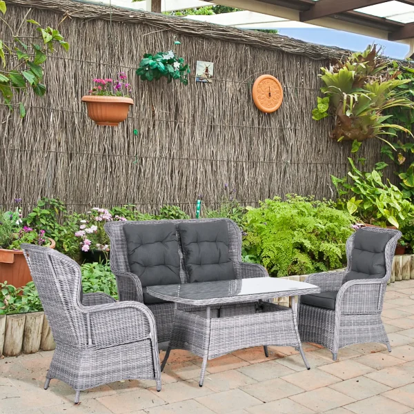 Rattan Table And Chairs 4 Seater - Outdoor Wicker Furniture High Back Chairs with Cushions