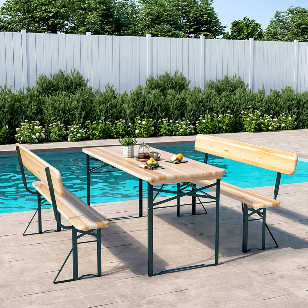 2 Outdoor Folding Bench Seat - Wooden Garden Bench