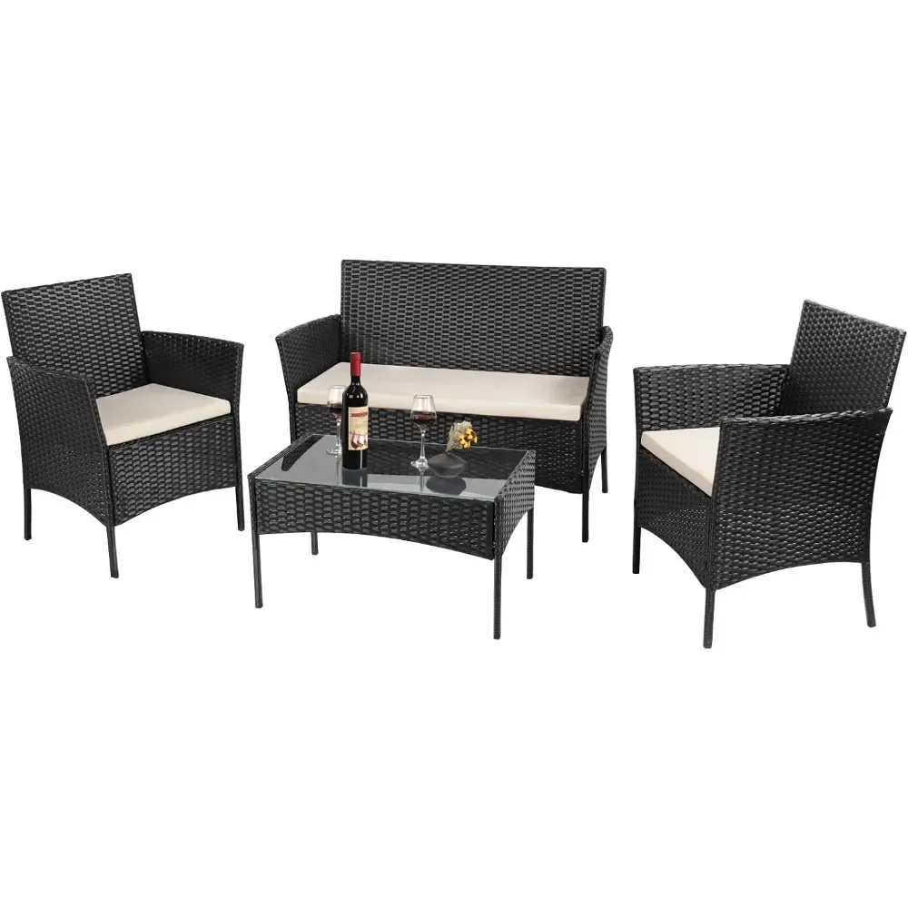 Rattan Garden Furniture Set, 4 piece Rattan furniture sofa Weaving Wicker includes 2 Armchairs,1 Double seat Sofa and 1 table