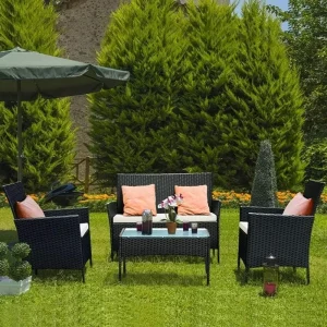 Rattan Garden Furniture Set, 4 piece Rattan furniture sofa Weaving Wicker includes 2 Armchairs,1 Double seat Sofa and 1 table