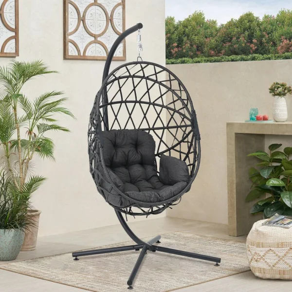 Woven Outdoor Hanging Egg Chair with Stand and Cushion