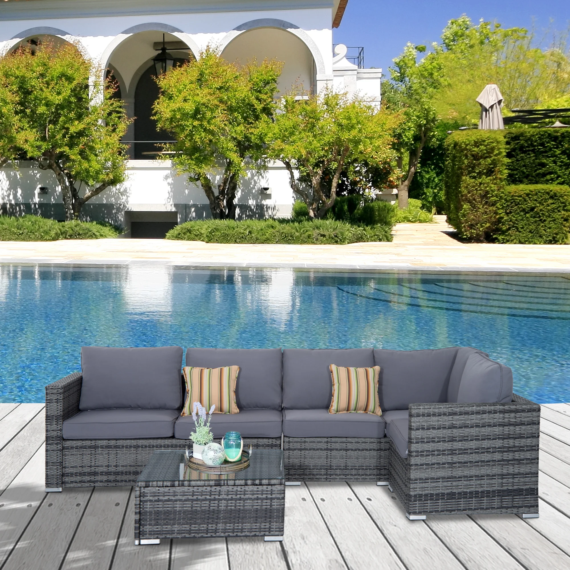 Outsunny Outdoor Corner Sofa Set - 4 Pieces Rattan Garden Furniture Set